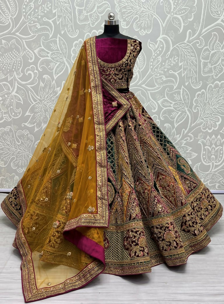 Burgundy and gold velvet wedding lehenga with embroidery and sequins