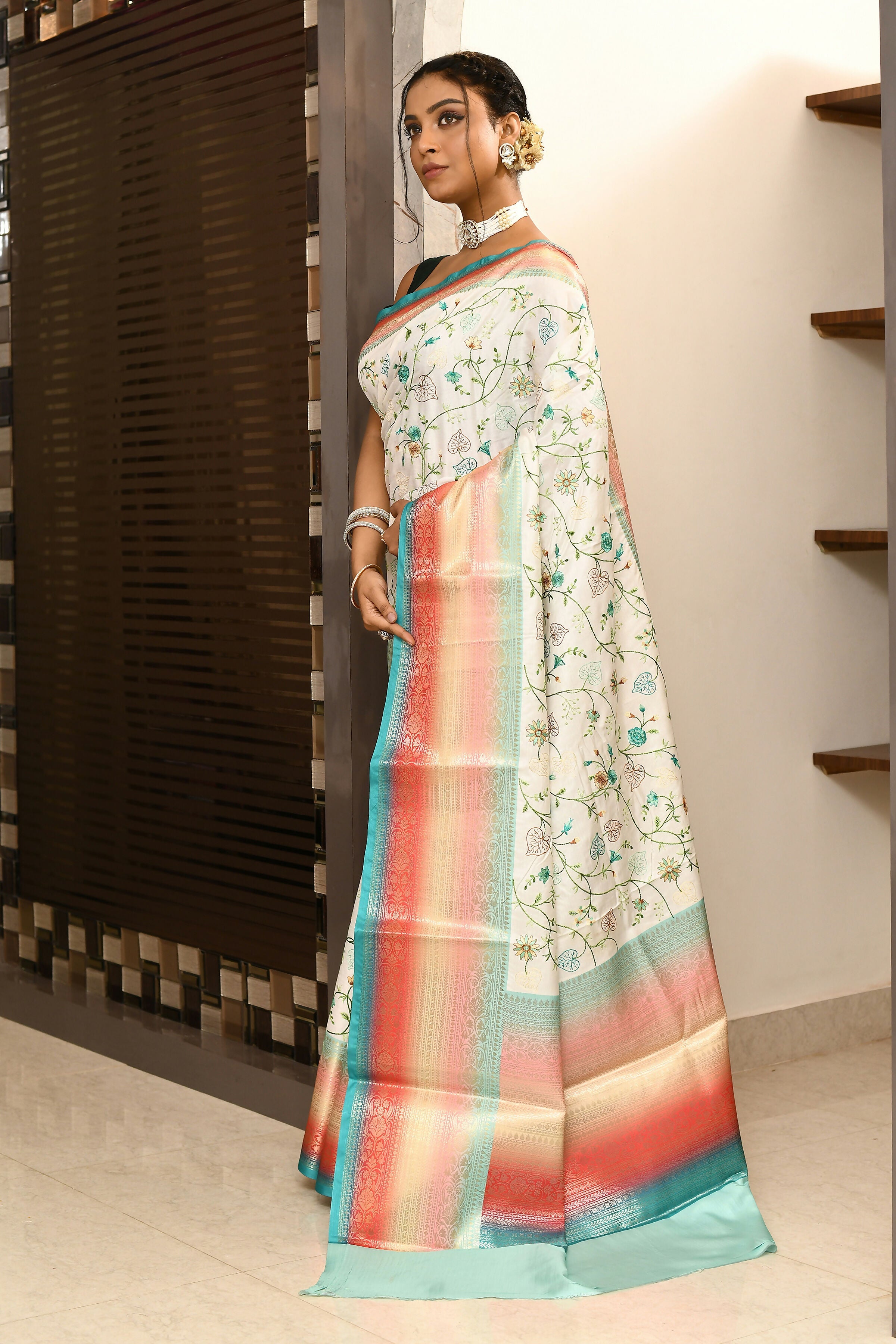 Multicolor Kataan Rainbow Digital Print Saree with Embroidery