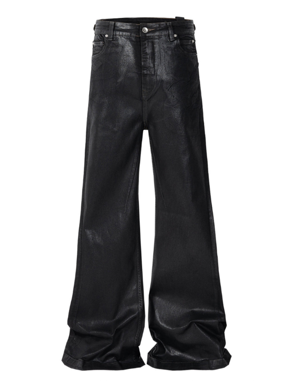 Model wearing black Wideboy Waxed Flare Denim jeans with a flared leg fit and waxed coating finish