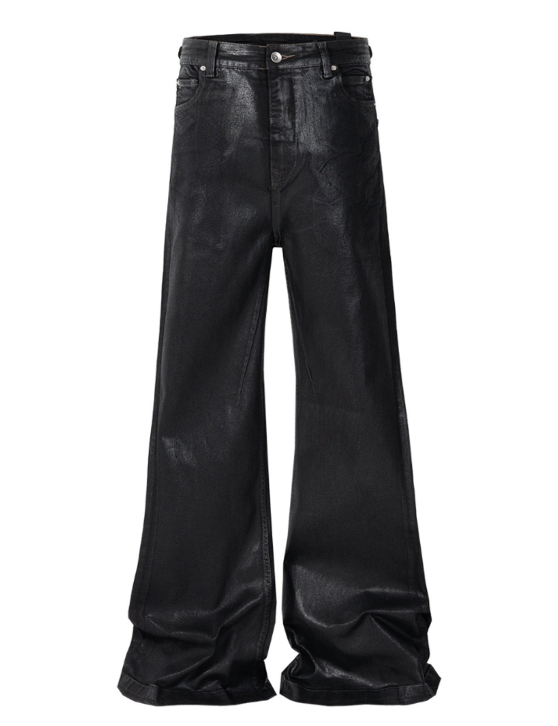 Model wearing black Wideboy Waxed Flare Denim jeans with a flared leg fit and waxed coating finish