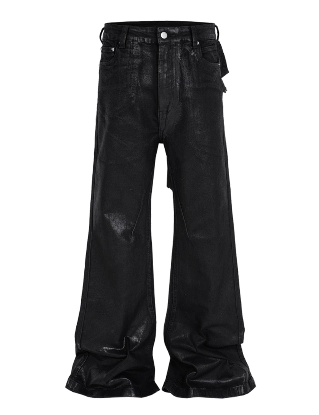 Front view of black Wideboy Patchwork Waxed Denim jeans with a wide leg flared fit.