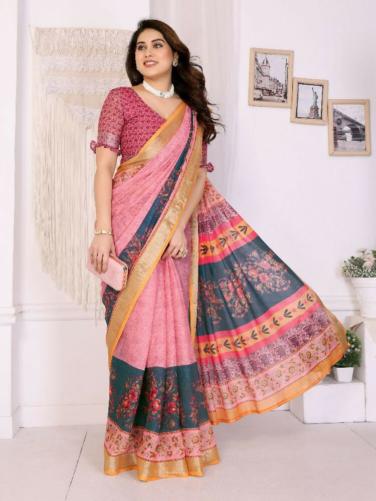 Orange Handloom Linen Cotton Zari Saree with Border