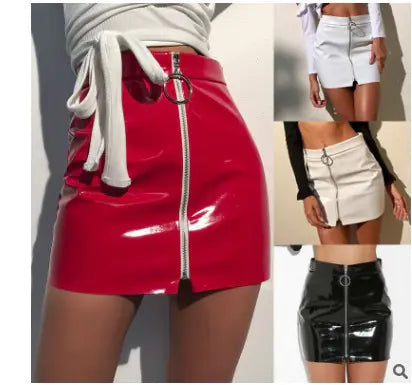 Slim Bright Leather PU Zipper Short Skirt