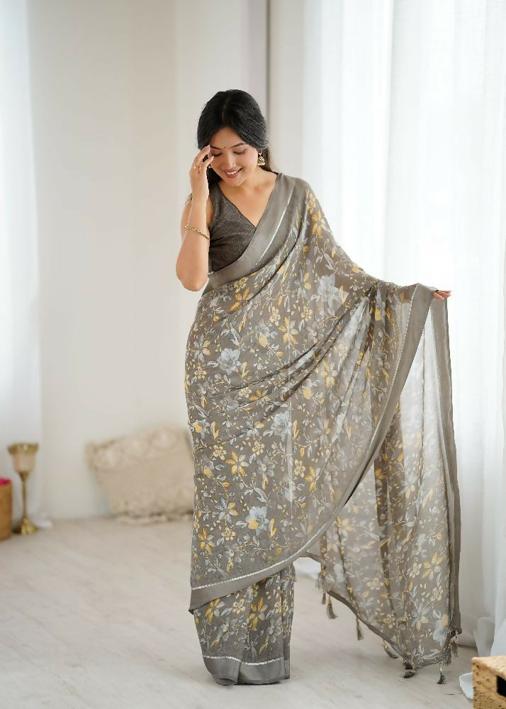 Sophisticated grey moss satin printed saree with a smooth drape
