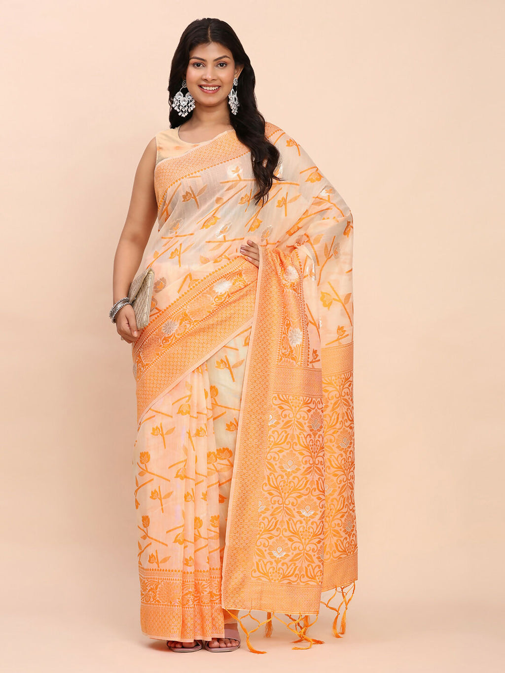 Vibrant Orange Linen Cotton Saree for Daytime Events