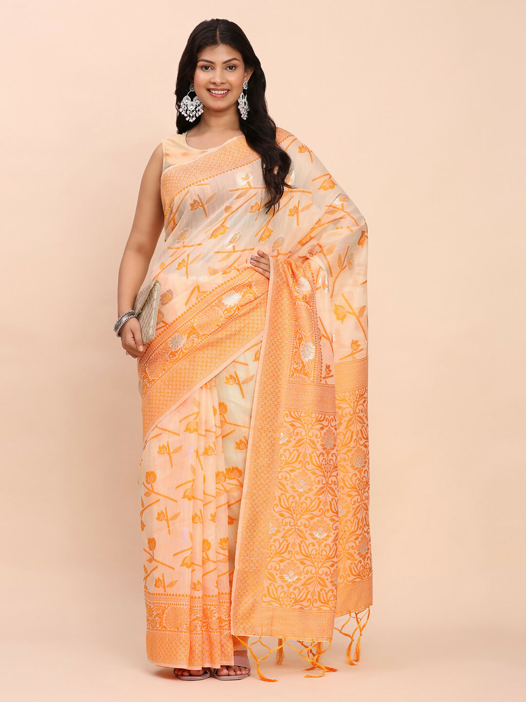 Vibrant Orange Linen Cotton Saree for Daytime Events