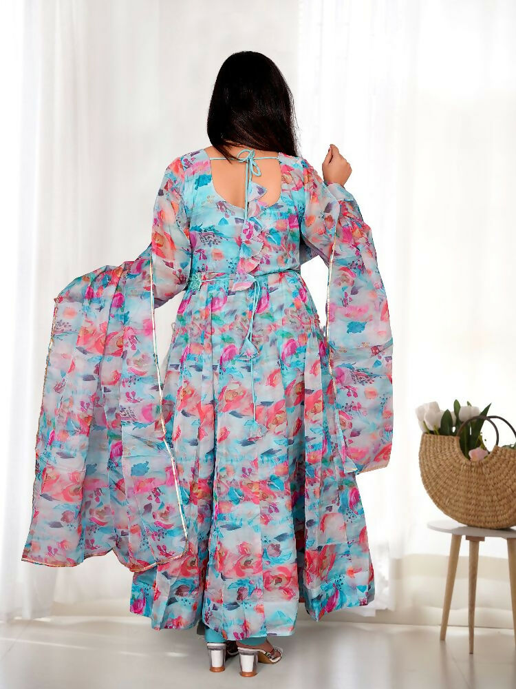 Sky Kurta Set in Organza with Sequin Embroidery and Cotton Bottom