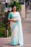Green Poly Chiffon Striped Saree with Unstitched Blouse - Hiral Fashion