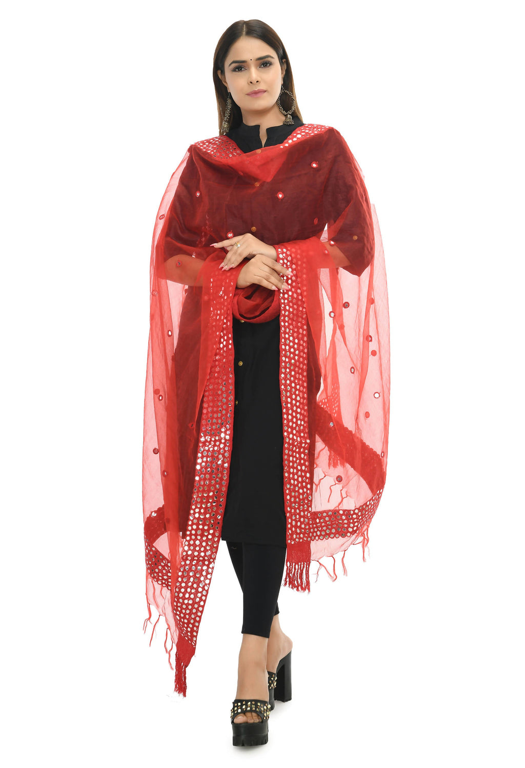 Red organza cotton dupatta with detailed 6-line mirror work borders.