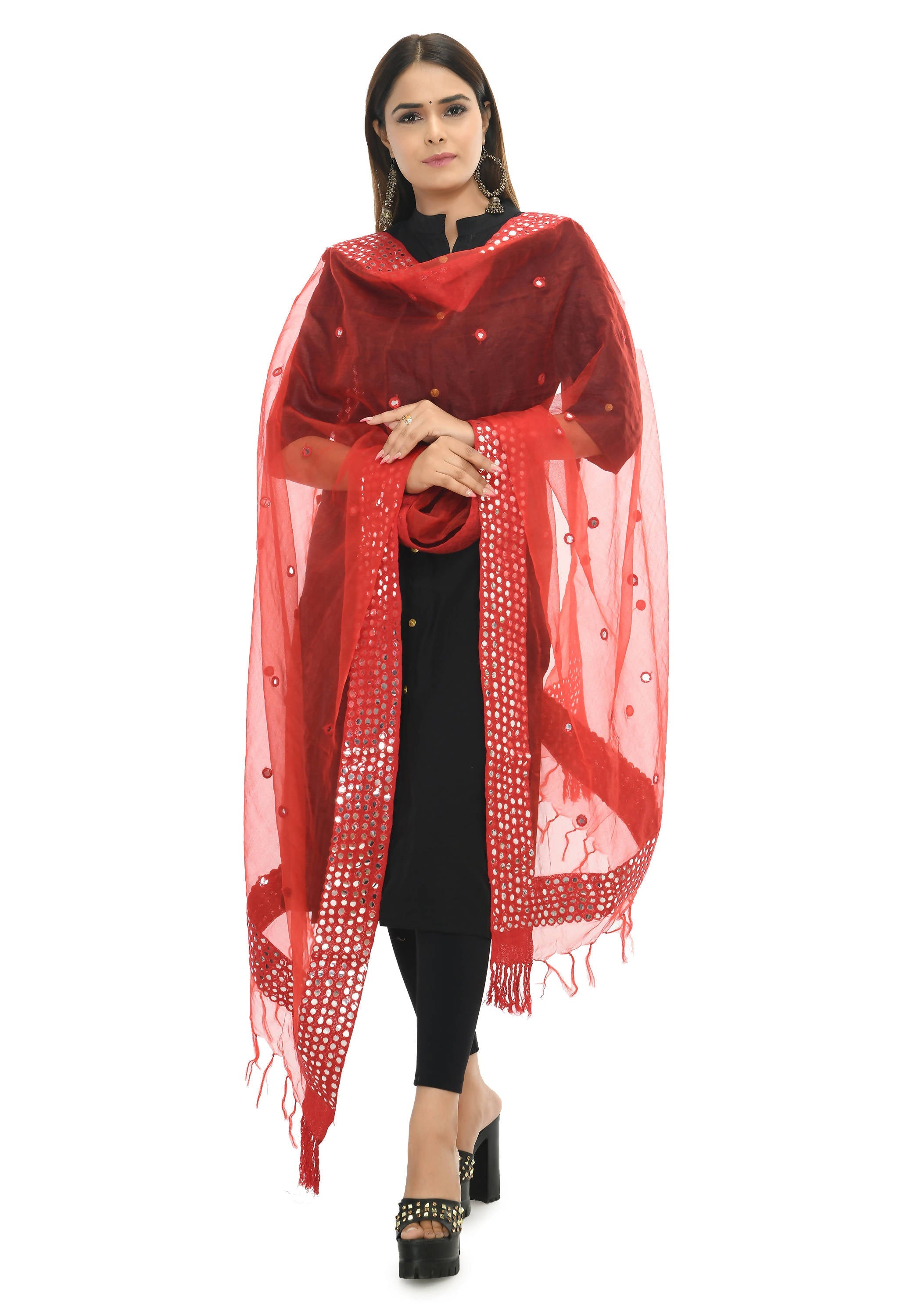 Red organza cotton dupatta with detailed 6-line mirror work borders.