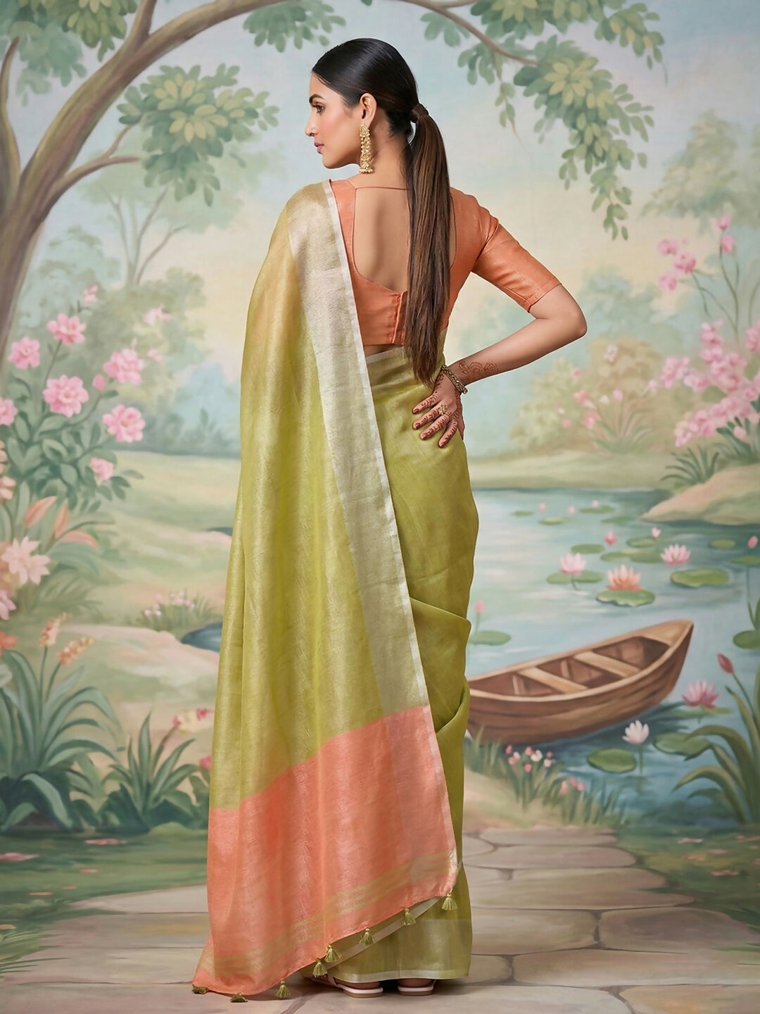 Green Tissue Silk Saree with Matching Blouse Piece