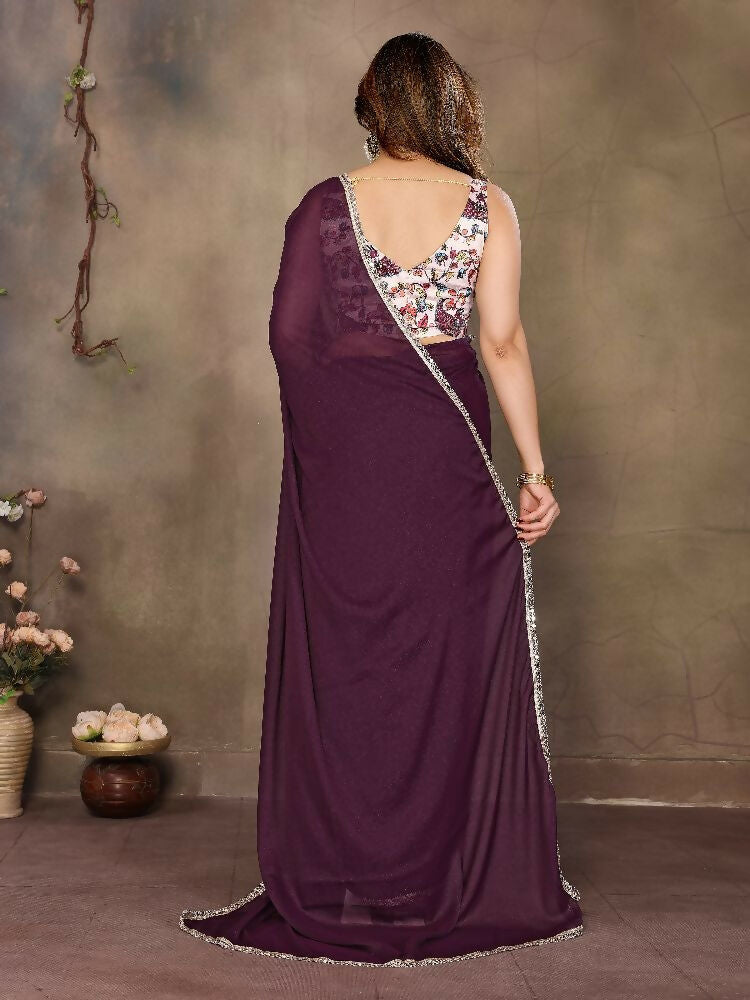 Wine Star Georgette Saree with Mirror Border and Blouse