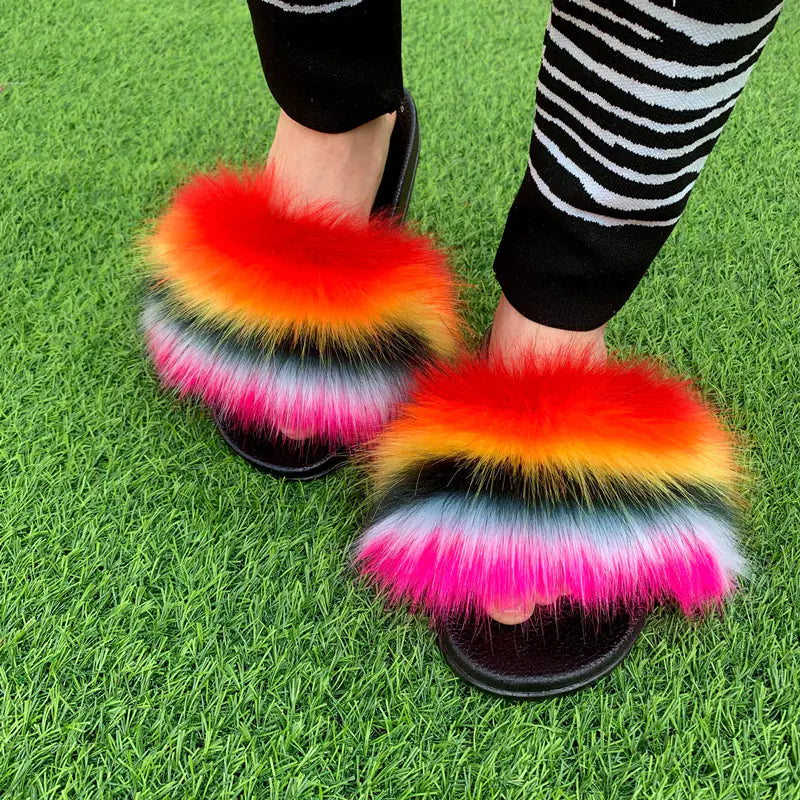 Women's Multicolored Faux Fur Flat Slippers Cozy Open Toe Slides