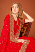 Red Fendi Two Tone Silk saree featuring intricate Zari and Siroski crystal embroidery