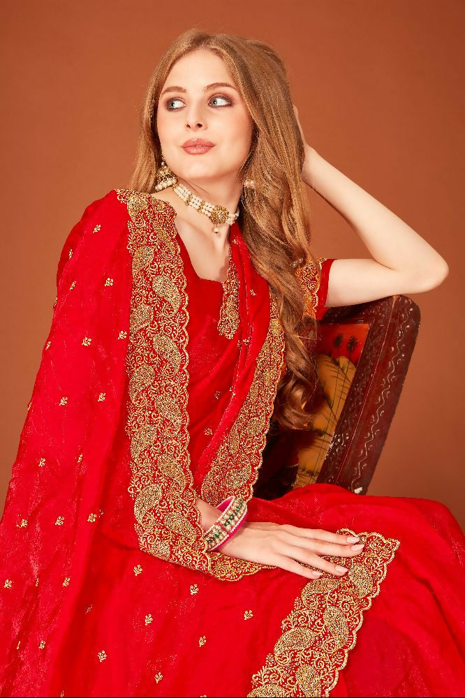 Red Fendi Two Tone Silk saree featuring intricate Zari and Siroski crystal embroidery