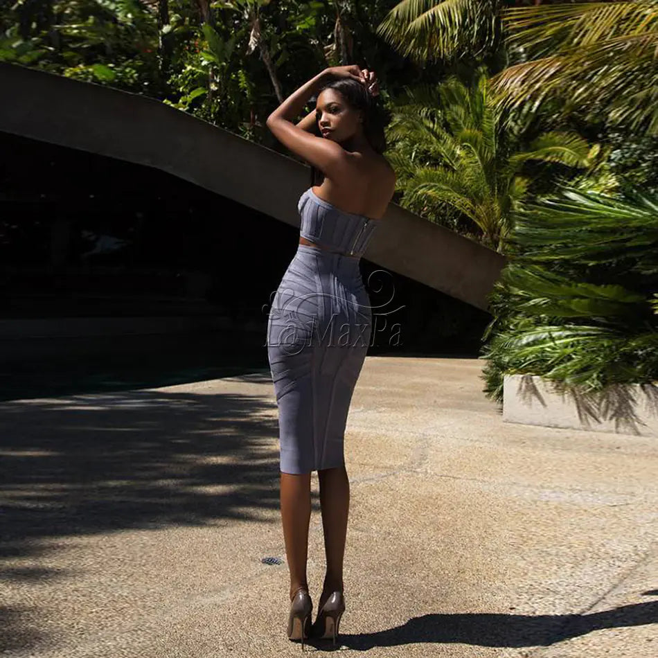 2018 Fall Winter Women's Strapless Gray Dress Set