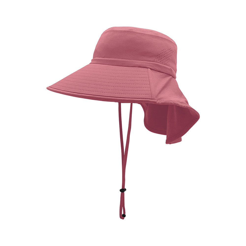 A pink wide-brim sun hat with a protective neck flap and adjustable chin strap, worn by a woman outdoors.