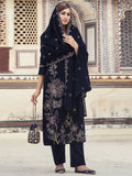 Navy blue velvet straight kurta set with Resham thread and sequin embroidery including pants and dupatta.