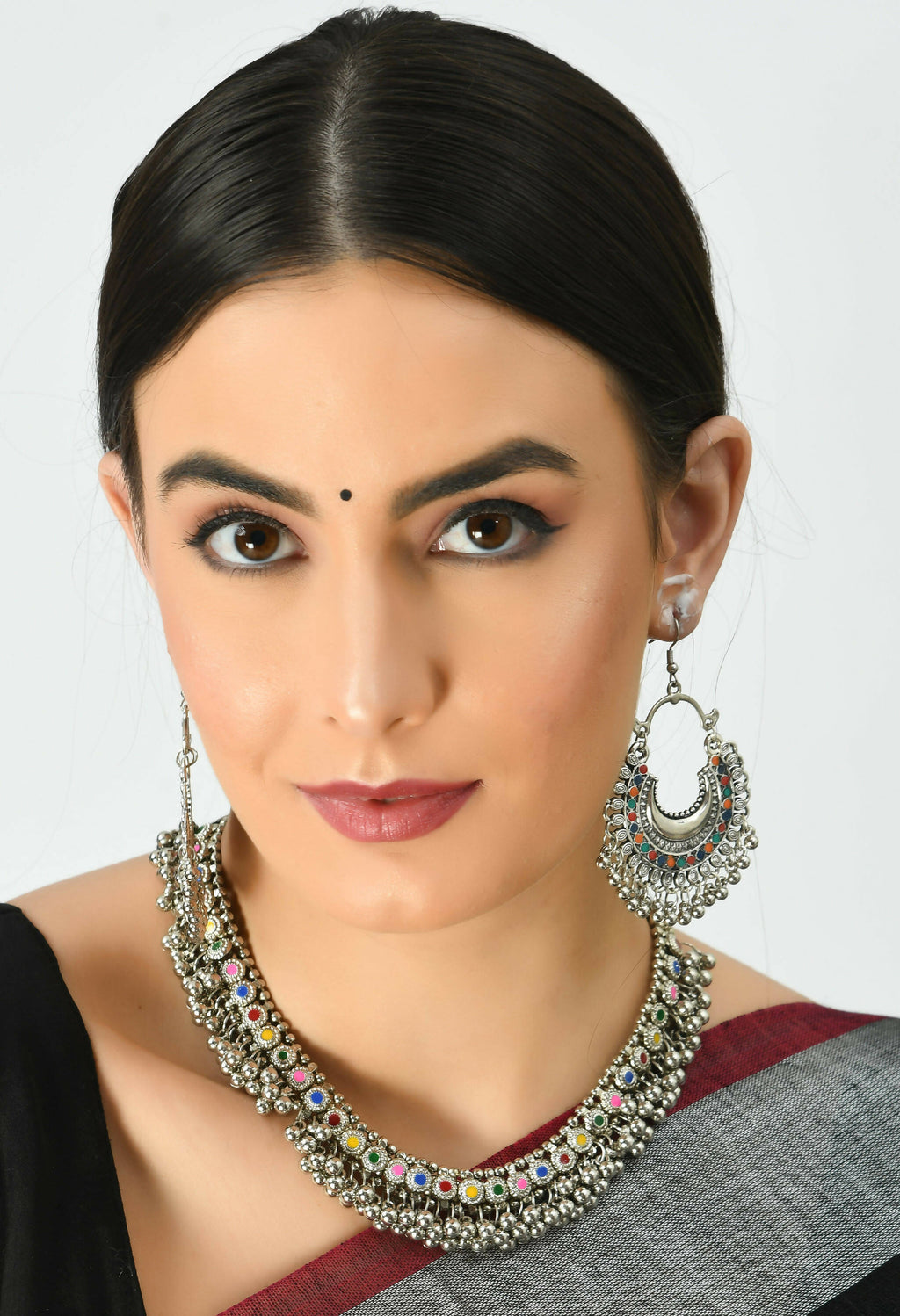 Oxidised Silver-Plated Meena Work Choker Set for Women