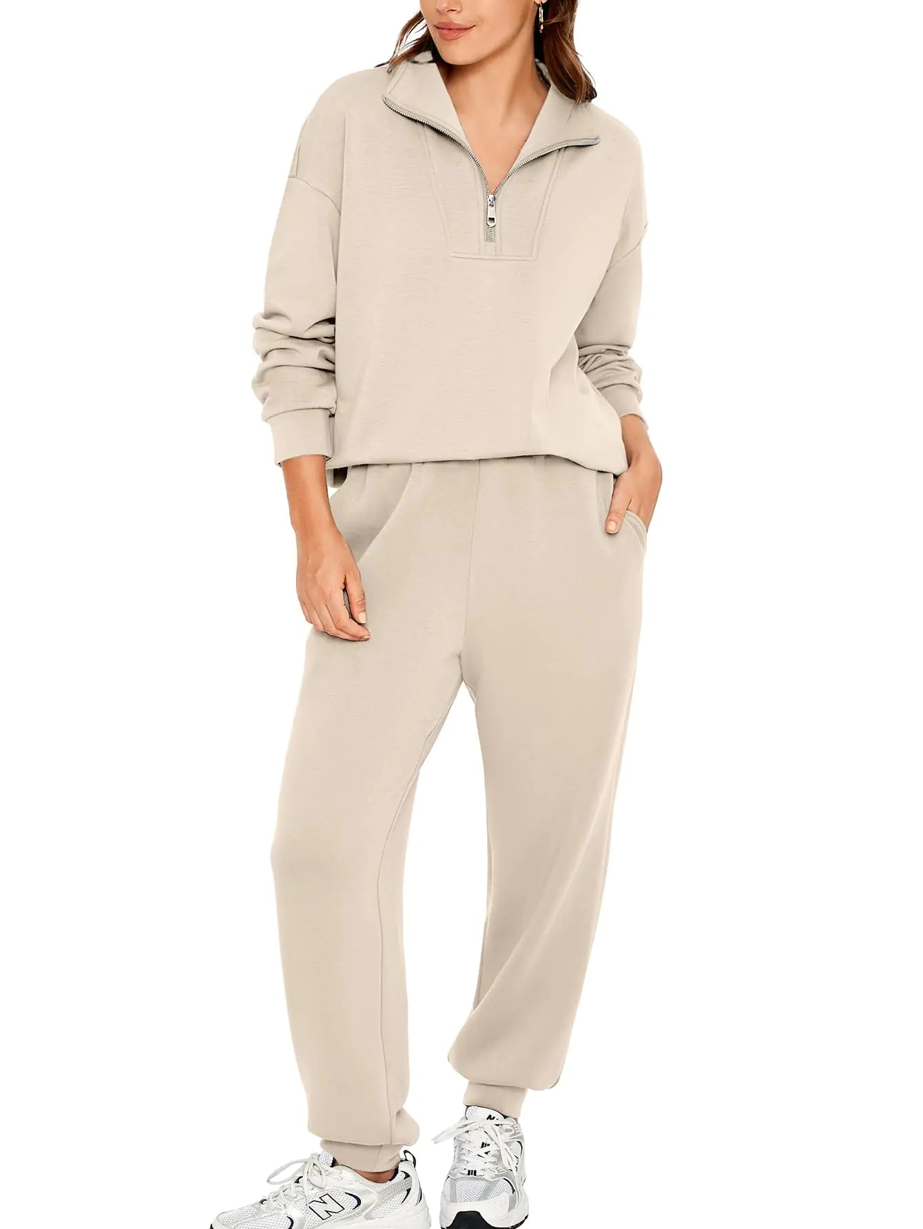 Glamaker Womens 2 Piece Outfits Sweatsuits Set Half Zip Long Sleeve Sweatshirts Joggers Sweatpants Tracksuit(Khaki L)