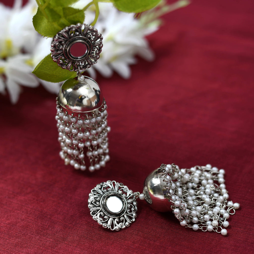 Bohemian Silver Tone Jhumka Earrings with Pearl Accents