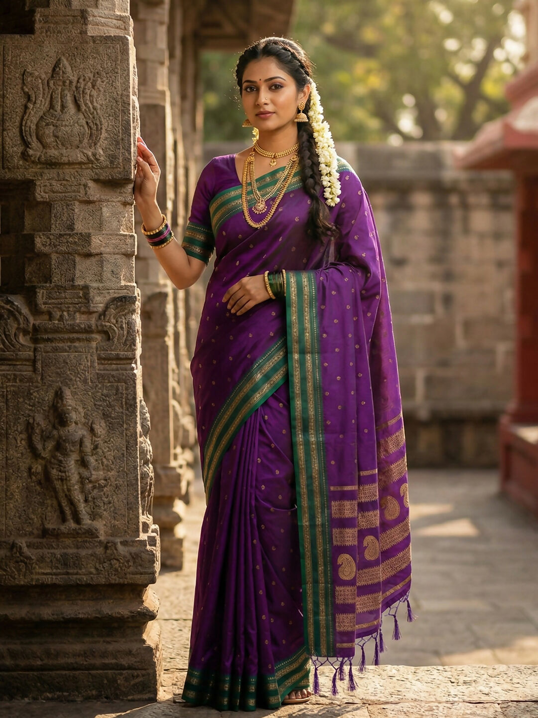 Elegant purple soft silk saree with a matching blouse piece featuring a smooth, lustrous finish.