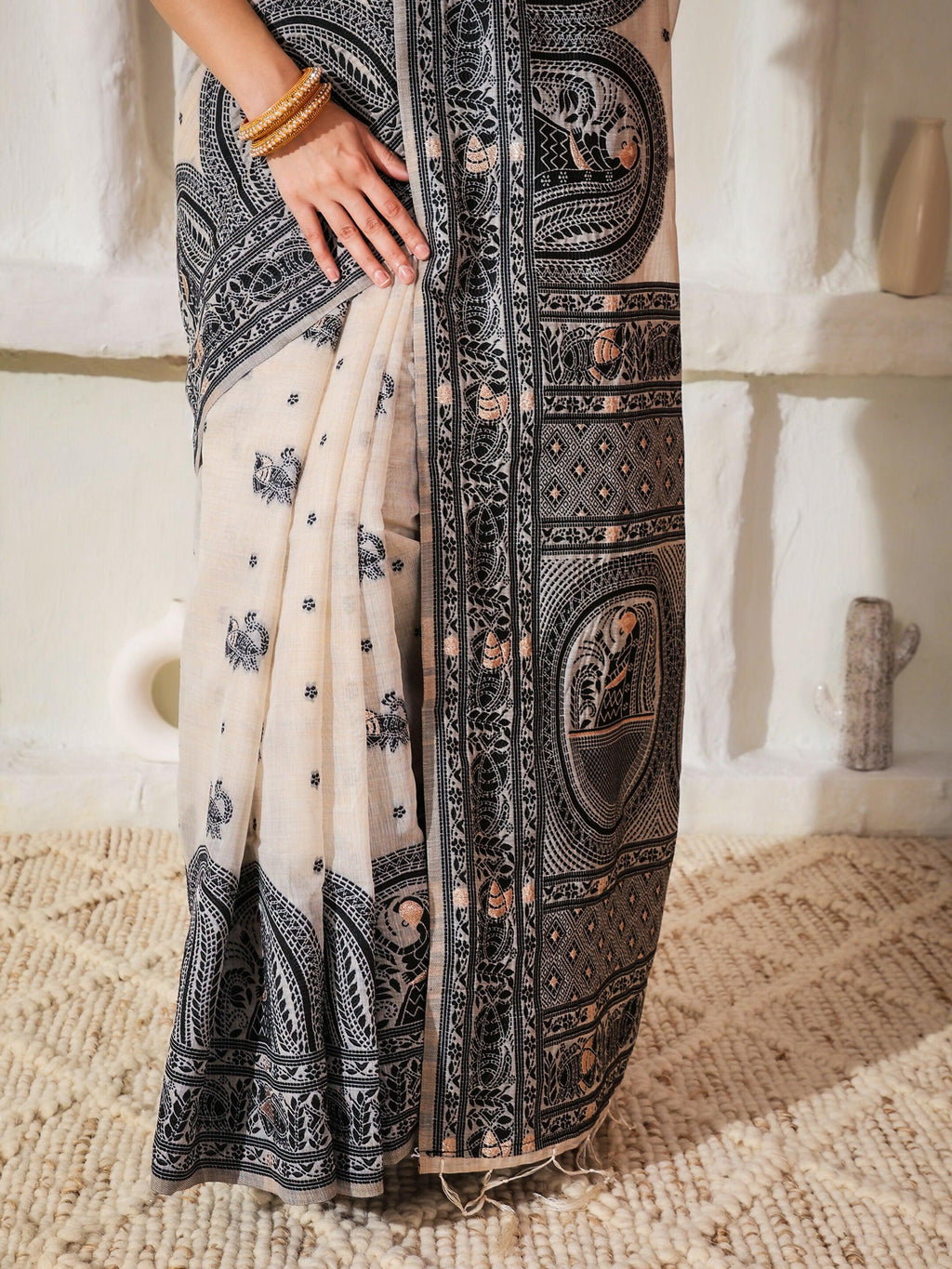 Black and Cream Linen Cotton Saree with Matching Blouse