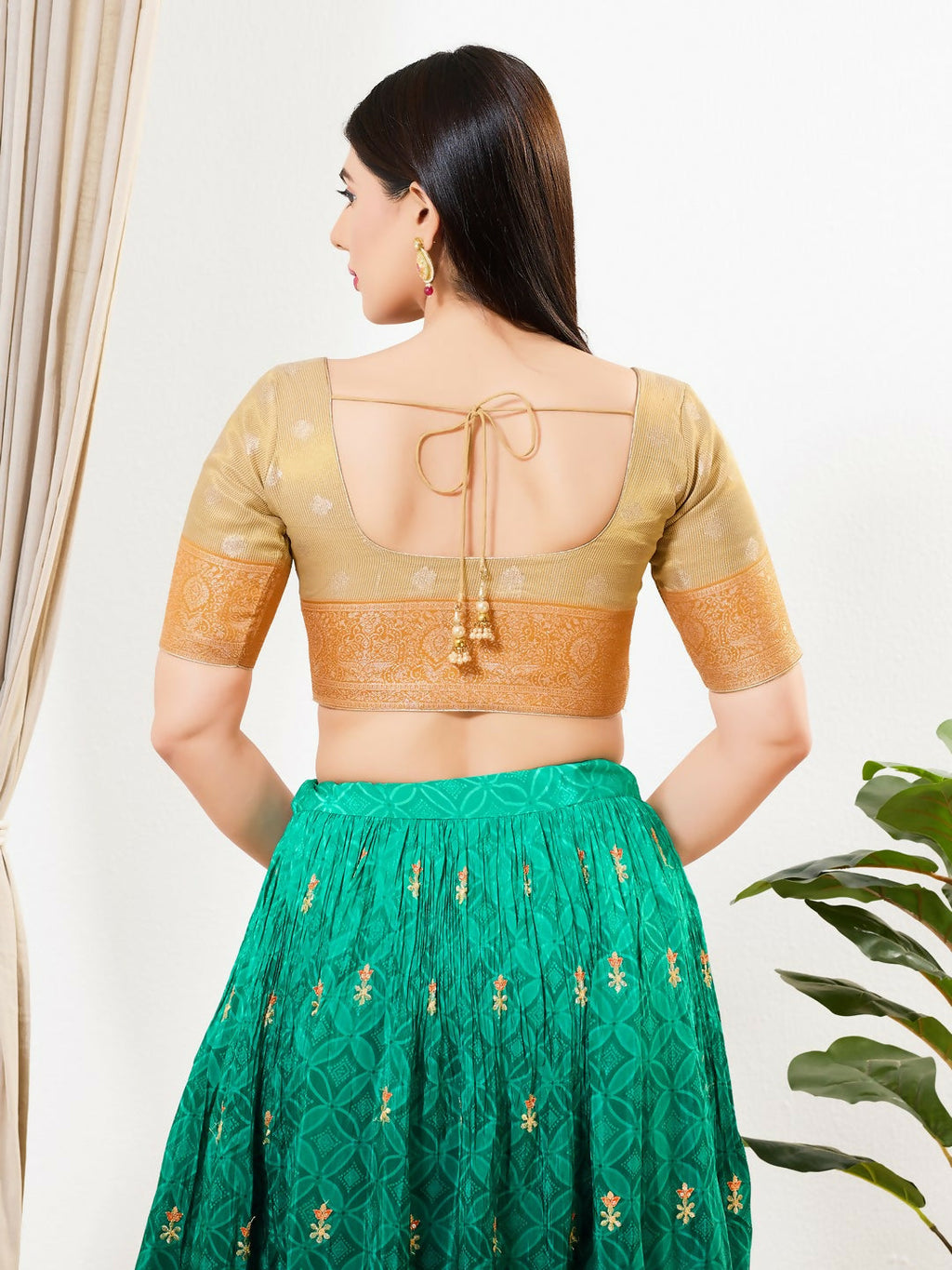 Gold Tissue Round Neck Elbow Sleeve Padded Blouse