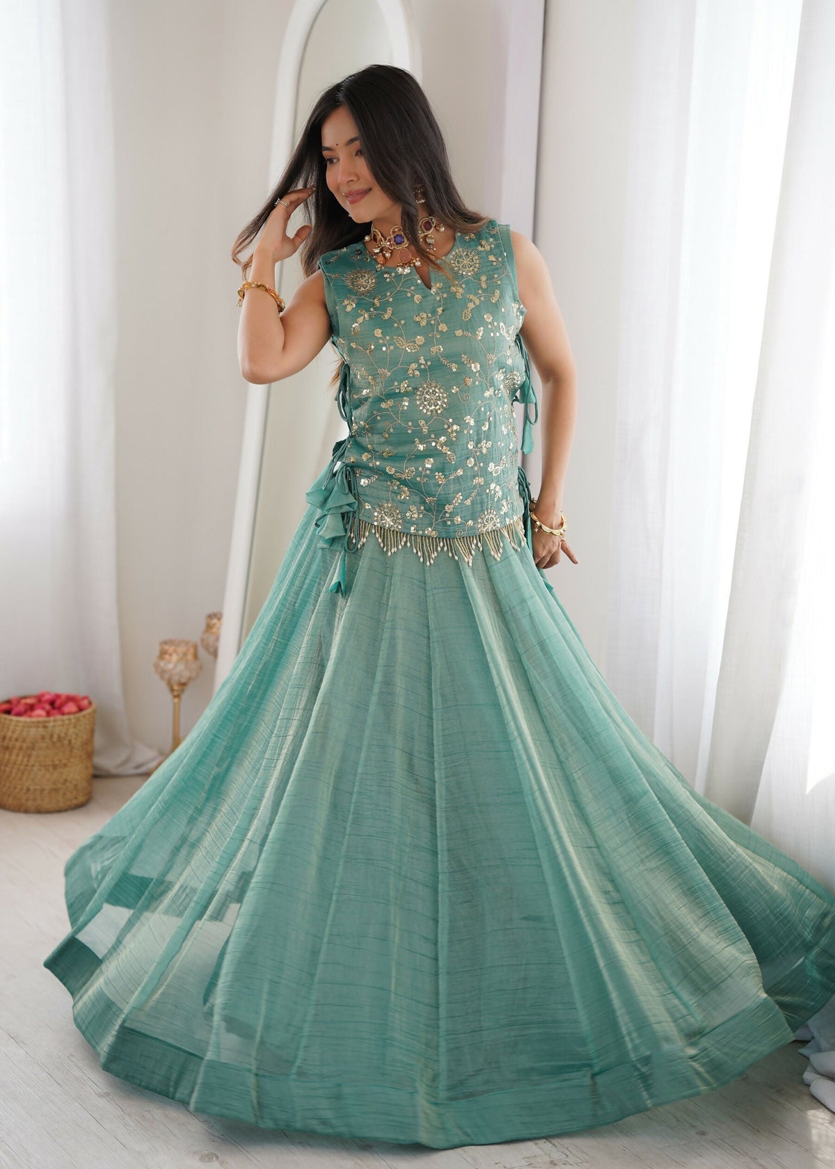 Skyblue Salsa Crush Lehenga Choli with Koti Set