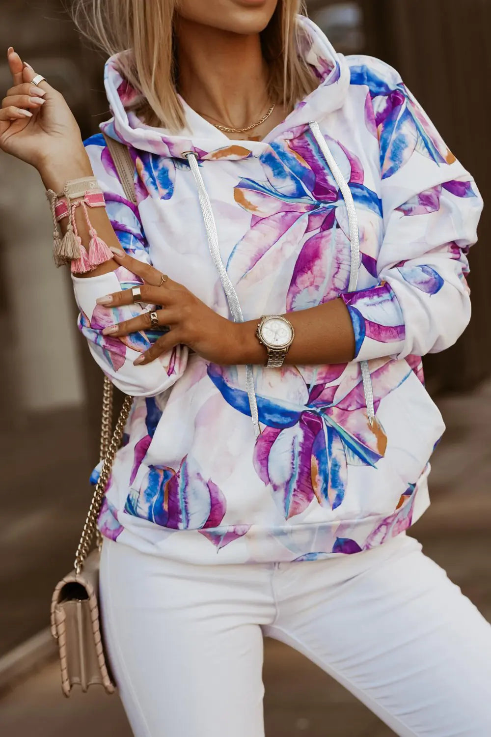 Women's Floral Print Long-Sleeved Hooded Pullover T-Shirt - Image 15
