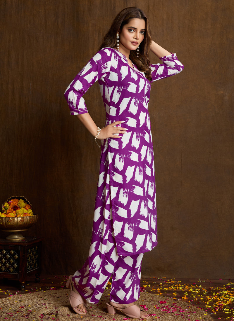 Purple Printed Cotton Blend Kurta Pant Set for Women