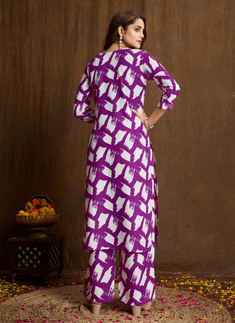 Purple Printed Cotton Blend Kurta Pant Set for Women