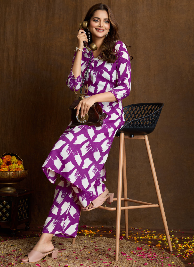Purple Printed Cotton Blend Kurta Pant Set for Women