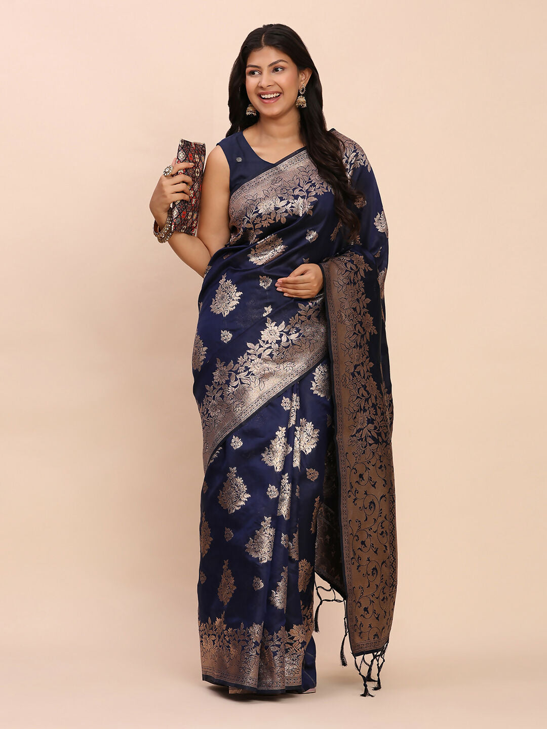 Navy Blue and Gold Banarasi Silk Saree - Traditional Ethnic Wear