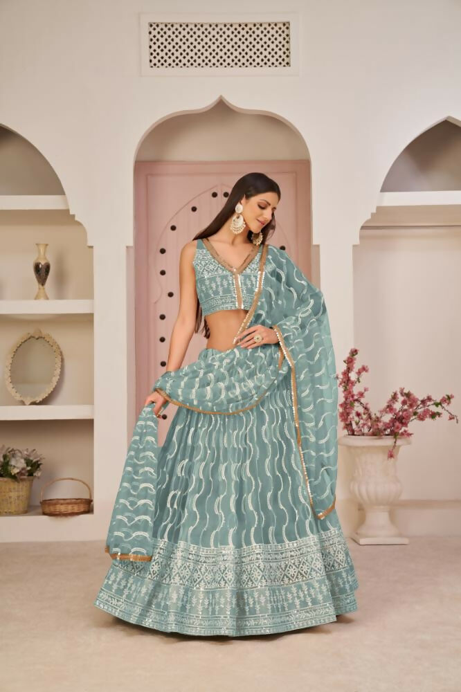 Ocean Blue Butterfly Net Lehenga with Zari and Sequence Work