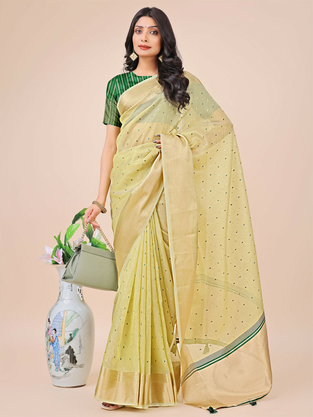 Light Green Organza Saree with Matching Blouse Piece