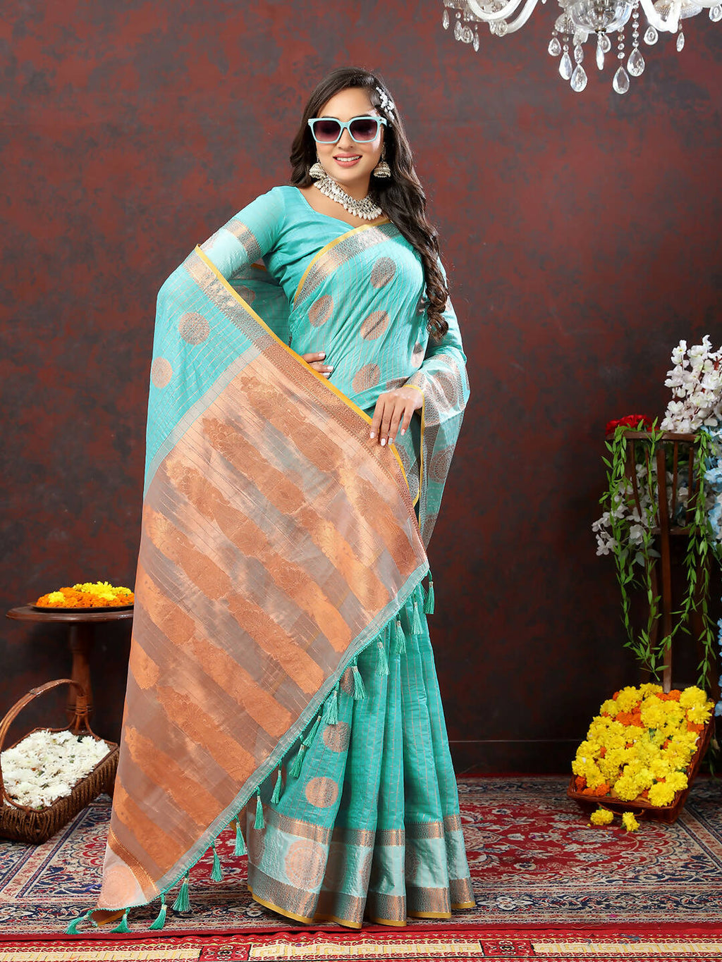 Skyblue Cotton Saree with Geometric Zari Weaving and Silk Blouse