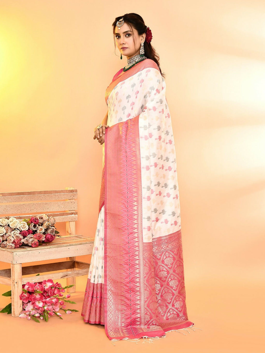 White & Rani Pink Plain Banarasi Silk Saree with Weaving Border