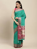 Women wearing a Rama green silk blend saree with geometric patterns and a matching blouse.