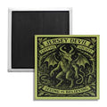 A 2x2 inch square fridge magnet in green and black featuring a vintage-style Jersey Devil illustration.
