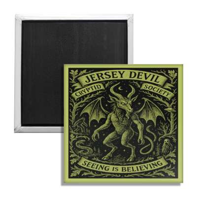 A 2x2 inch square fridge magnet in green and black featuring a vintage-style Jersey Devil illustration.