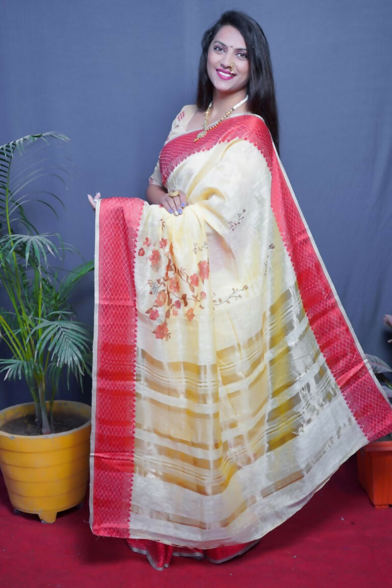 Red Linen Silk Saree with Digital Print and Jacquard Woven Border