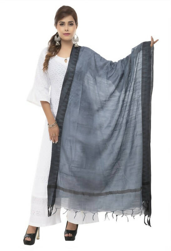 Black cotton dupatta featuring a detailed gray temple border design.