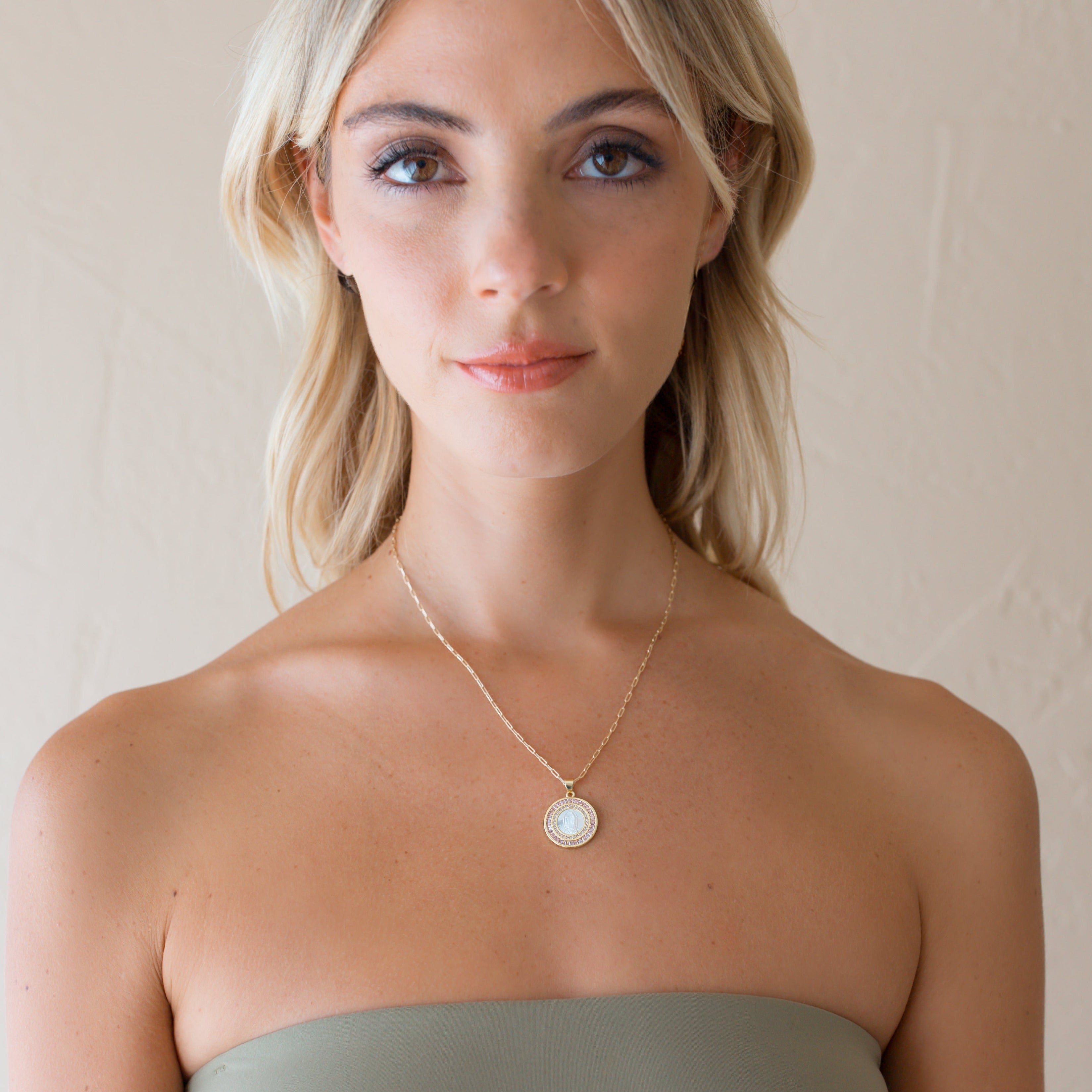 Bordered Pink Mother Mary Necklace