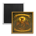 A 2x2 square fridge magnet featuring the Jersey Devil depicted as a religious saint with a golden halo and wreath.