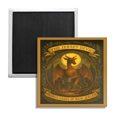 A 2x2 square fridge magnet featuring the Jersey Devil depicted as a religious saint with a golden halo and wreath.