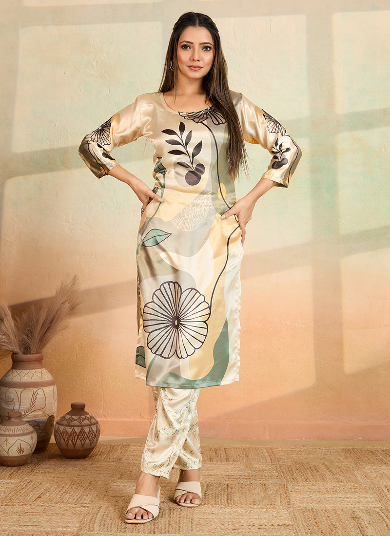 Beige Printed Cotton Rayon Kurta Pant Set for Women