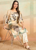 Beige Printed Cotton Rayon Kurta Pant Set for Women