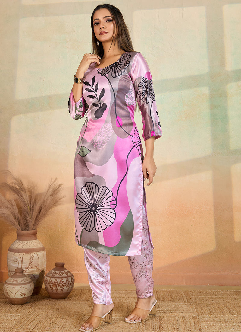 Baby Pink Printed Cotton Rayon Kurta Pant Set for Toddlers