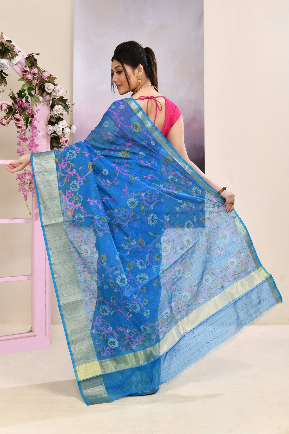 Sky Blue Printed Saree with Embellished Cotton Blend Fabric